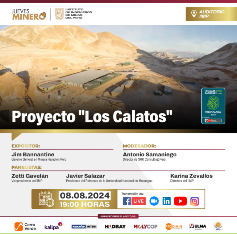 Jueves Minero IIMP (08-08-24): “Proyecto Los Calatos” / 19h00.