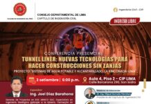 Conferencia presencial: ¨Tunnerl Liner – Nuevas tecnologías para hacer construcciones sin zanjas, Proyecto: Sistemas de agua potable y alcantarillado, La Rinconada – Lima¨ / Miércoles 3 de septiembre – 6 p.m.