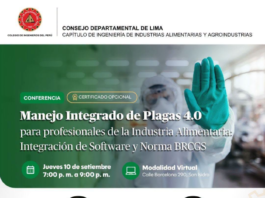 Conferencia / “MANEJO INTEGRADO DE PLAGAS 4.0 para profesionales de la Industria Alimentaria: Integración de Software y Norma BRCGS” – Virtual / 10 setiembre; 7:00 p.m. a 9:00 p.m.