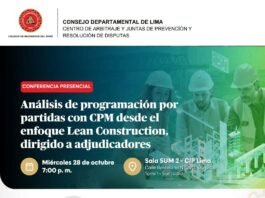 CARD CIP Lima / Conferencia: “ANÁLISIS DE PROGRAMACIÓN POR PARTIDAS CON CPM DESDE EL ENFOQUE LEAN CONSTRUCTION, DIRIGIDO A ADJUDICADORES” – Sala SUM 2 (4.º piso, Torre 1) / 28 octubre / 19:00 h.